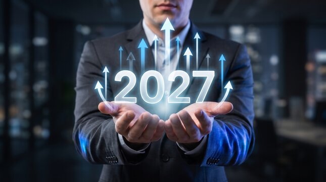 Professional businessman holding glowing twenty twenty seven year growth arrow icons