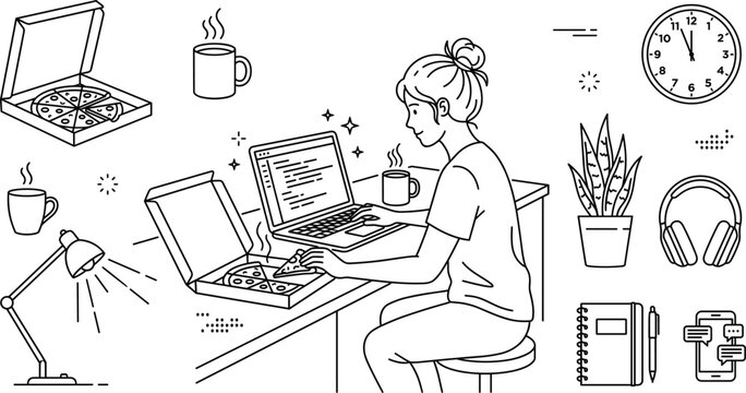 Freelancer girl working late coding on laptop eating pizza drinking coffee surrounded by workspace objects line art vector