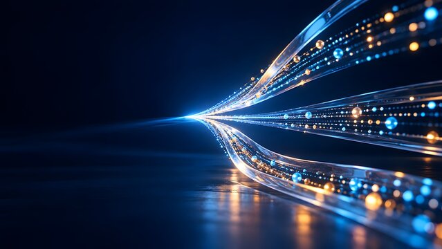 Abstract glowing fiber optic light streams and data particles flowing forward[cite: 136]