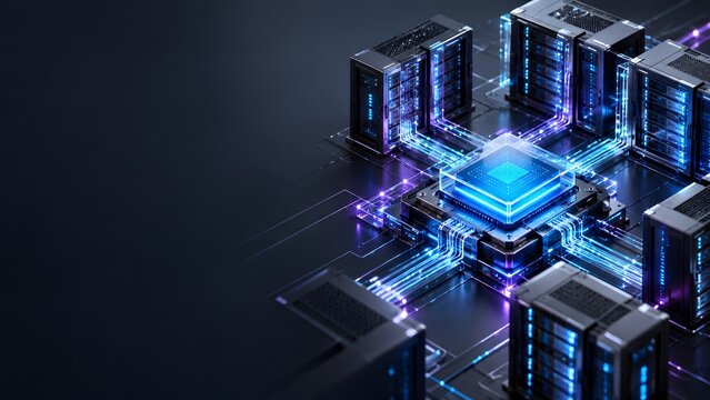 Modern server racks connected to glowing central quantum processor chip in data center[cite: 135]