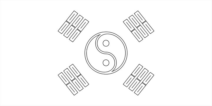 Black and white outline of the south korean national flag symbol featuring yin yang and traditional trigrams