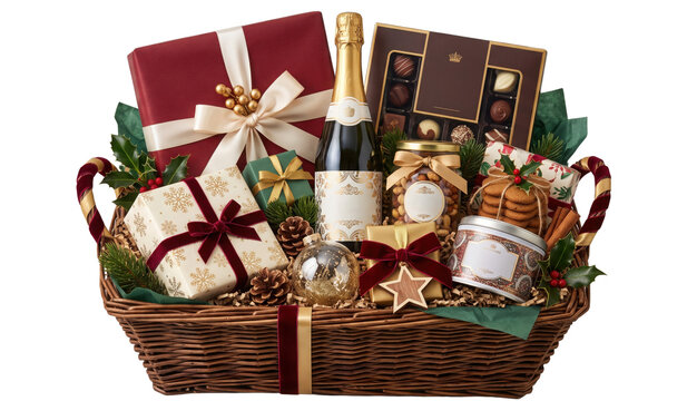 Luxury christmas gift basket with champagne, chocolates, cookies, and festive decorations isolated on transparent background