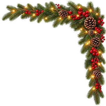 Christmas Pine Garland Corner Border with Warm Lights Transparent PNG