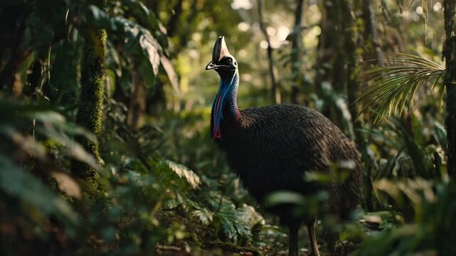 Southern Cassowary Walking Through a Dense Tropical Jungle