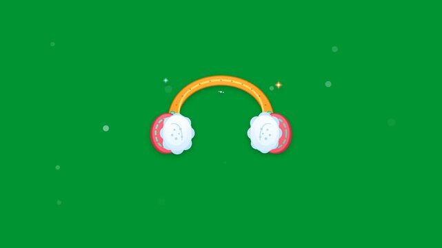 Cozy winter earmuffs accessory with glowing sparkles floating in smooth 2D motion graphic loop against solid green screen chroma key background in flat cartoon style