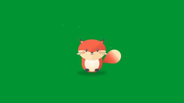 Cute kawaii winter woodland red fox character blinking and idling motion in seamless flat 2D loop animation isolated on chroma key green screen background