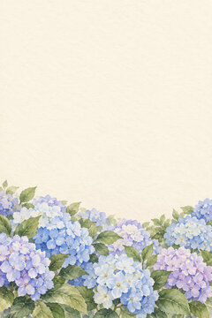 Watercolor blue hydrangea flowers with green leaves and copy space