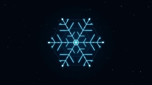 Digital glowing snowflake futuristic technology concept on dark background.