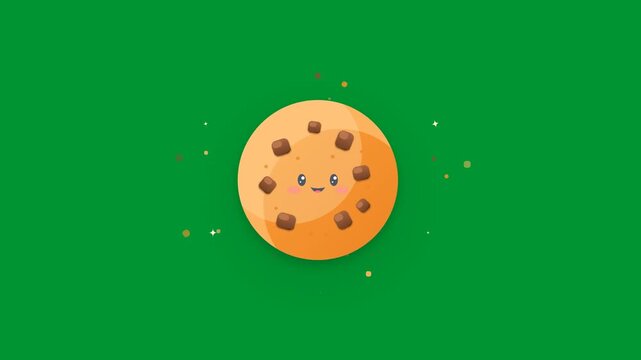 Cute kawaii winter holiday chocolate chip cookie character smiling blinking and sparkling with glowing particles on solid chroma key green screen background in 2D cartoon style