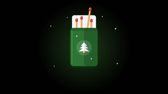 Winter holiday green matchbox with pine tree graphic opening with lit match burning flame extinguishing and box closing on dark background in 2D flat animation