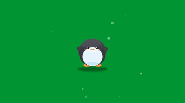 Cute winter cartoon penguin bouncing and flapping wings with falling snow dots on solid green screen chroma key background in seamless 3d animation loop