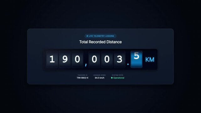 Digital odometer display showing total recorded distance in kilometers on dark dashboard UI.