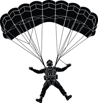Military paratrooper skydiving silhouette vector illustration showing soldier descending with open canopy parachute on white.
