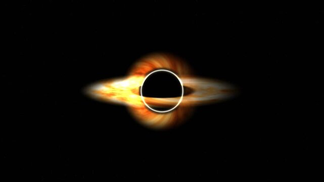 Cosmic black hole simulation showing accretion disk and event horizon in a sequence of three frames