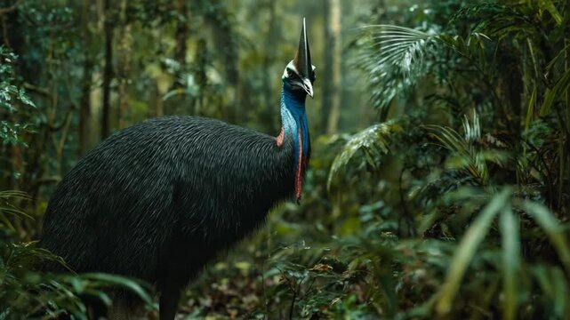 Southern Cassowary Walking Through a Dense Tropical Jungle