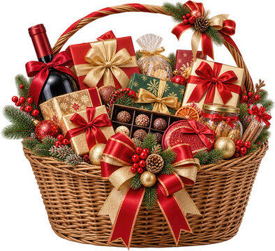 Christmas gift basket with wine bottle, wrapped presents, chocolates, and holiday decorations isolated on transparent background