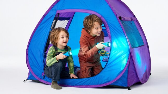 Two happy young boys playing with flashlights inside a colorful pop up tent
