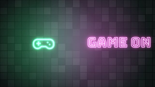 Neon Game Controller and Game On Text Animation on Grid Background