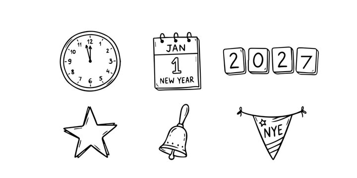 Set of hand drawn doodle icons for new years eve celebration featuring a clock calendar and festive decorations