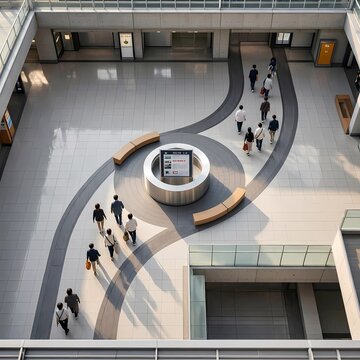 High angle view of people walking through modern public building concourse with flowing floor design