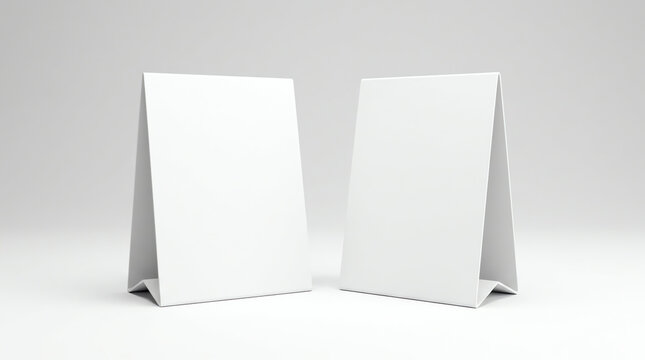 Promotional table talker isolated on white background, mockup template paper tri-fold vertical triangle cards with reflections. white sheets front & left and right view. 3d render 