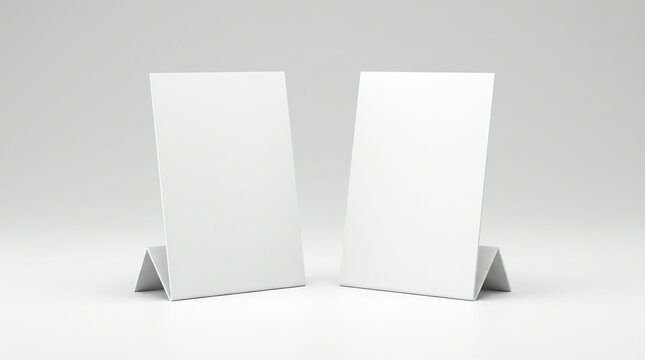 Promotional table talker isolated on white background, mockup template paper tri-fold vertical triangle cards with reflections. white sheets front & left and right view. 3d render 