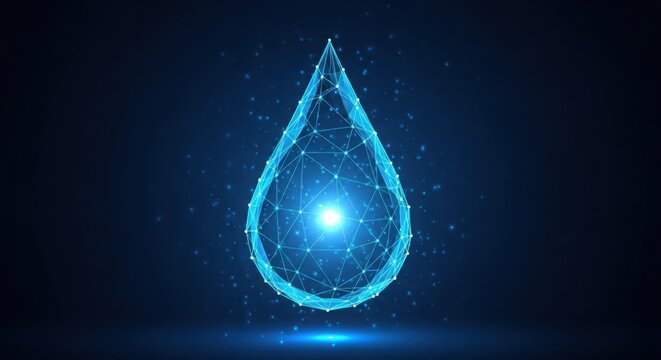 Futuristic water droplet with glowing network lines illustration
