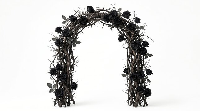 Gothic arch made of thorny branches and black roses isolated on white background