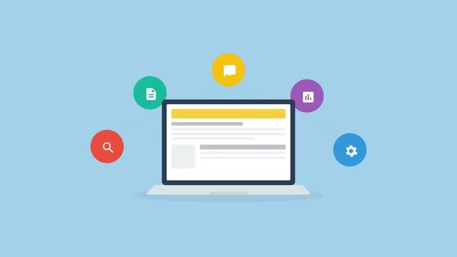 Minimalist Flat Laptop Illustration Displaying Website Interface on Light Blue Background