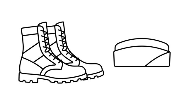 Military combat boots and garrison side cap icon vector line art for army soldier uniform and veteran service concepts
