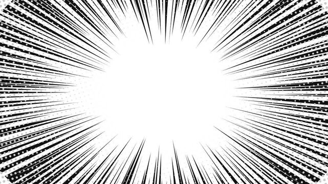 Dynamic comic book style speed lines and halftone dots emanating from a central point creating a sense of motion and energy