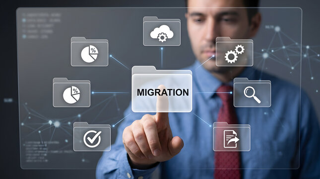 Professional selecting data migration option on digital interface