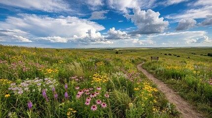 Fototapeta premium Vast prairie landscape with a winding dirt path, vibrant wildflowers, and lush green grasses under a dramatic blue sky with fluffy white clouds, showcasing the natural beauty of the American Midwest