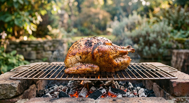 A turkey roasting over hot coals, with a blurred background.