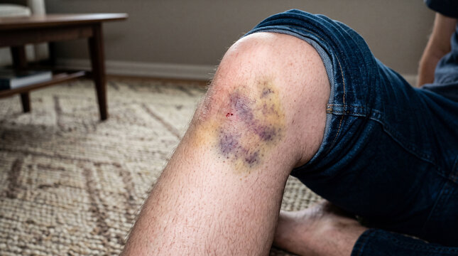 Knee Bruise: A close-up shot of a person's knee, showing a large, painful bruise with shades of purple, yellow, and red, suggesting an injury from a fall or impact.