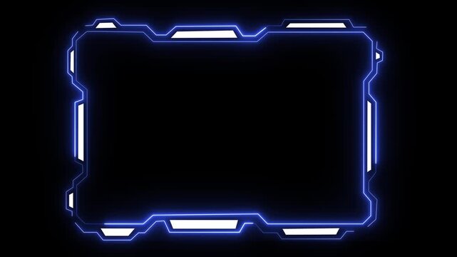 Futuristic HUD frame animation with glowing blue neon lights on black background, digital interface element, modern technology display, sci fi ui overlay motion graphic.