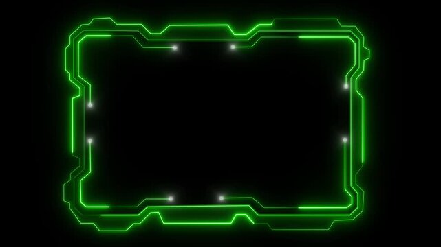 Neon green digital frame glowing with circuit board pattern and pulsating light dots motion graphic isolated on black background for user interface elements design assets.