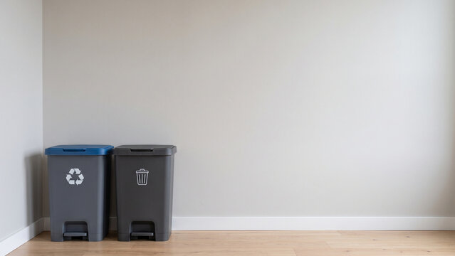 Two waste sorting bins in minimalist interior with copy space