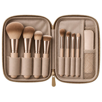 set of eight beige makeup brushes with various shapes and sizes neatly arranged inside a zippered carrying case.