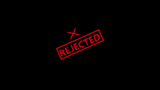 Rejected red stamp animation appearing on black background with grunge texture and cross mark overlay symbolizing denied request or failed application for business and legal.