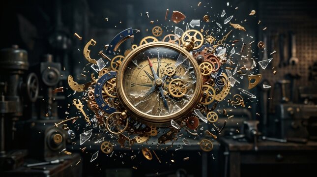 Broken vintage compass surrounded by flying clockwork gears and glass shards representing broken time for abstract steampunk concepts.