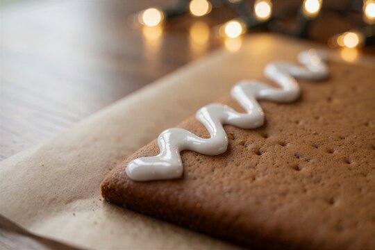 Close-up of white icing decorating a gingerbread wall panel on parchment paper, suggesting gingerbread house making during the holidays.