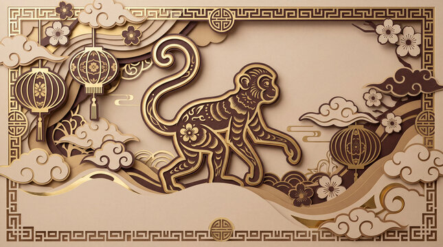 Chinese New Year of the Monkey paper cut style background with lanterns and clouds