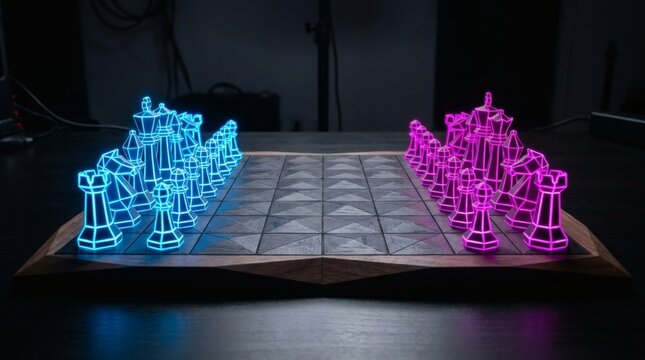 Modern geometric chess board with glowing blue and pink neon pieces on dark wooden table.