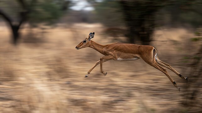 Motion blur shot of female impala Aepyceros melampus leaping while running across natural grassland, capturing speed, movement, agility, wildlife behavior, freedom and dynamic African safari scenery