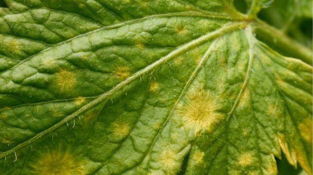 Target spot disease symptoms on tomato leaf caused by Alternaria solani fungal pathogen, showing plant infection, leaf damage, crop disease, agriculture, pathology and disease management