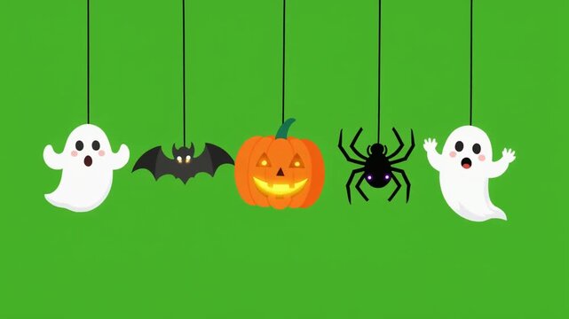 Halloween hanging decorations flat vector illustration with cute ghosts, a bat, pumpkin and spider on green background