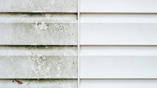 Before and after comparison of white vinyl house siding side by side showing dirty green algae versus clean bright finish.