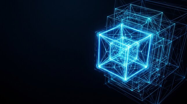 Glowing holographic unfolding tesseract cube in dark cyberspace with left copy space