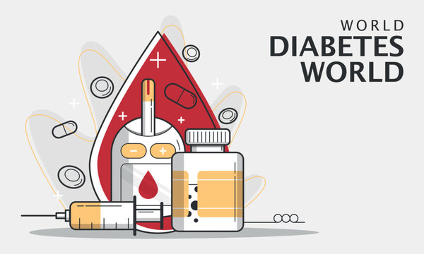 World Diabetes Day Template. Blood sugar checking equipment drawn in outline style